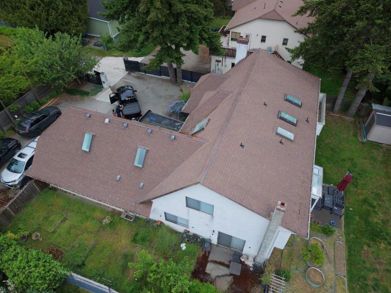 Brown shingle roof with skylights